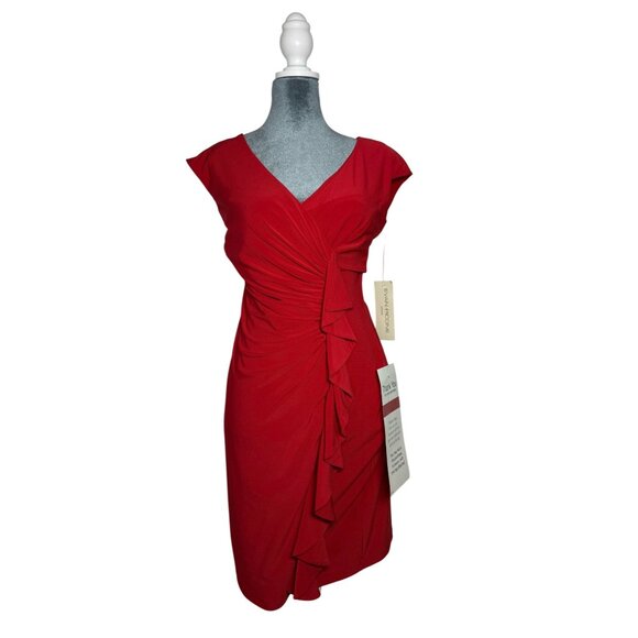 Evan-Picone-Women's Red Ruched Ruffle V-Neck Cocktail Dress Size 4 NWT - Picture 1 of 9
